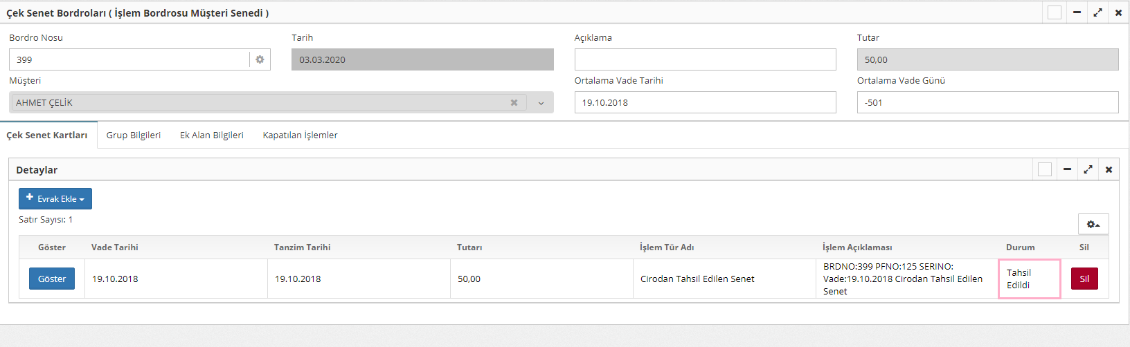 cirodan tahsil edilen senet